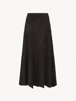 Black Chloe Flared Midi Skirt Leather | CHE-SR14121