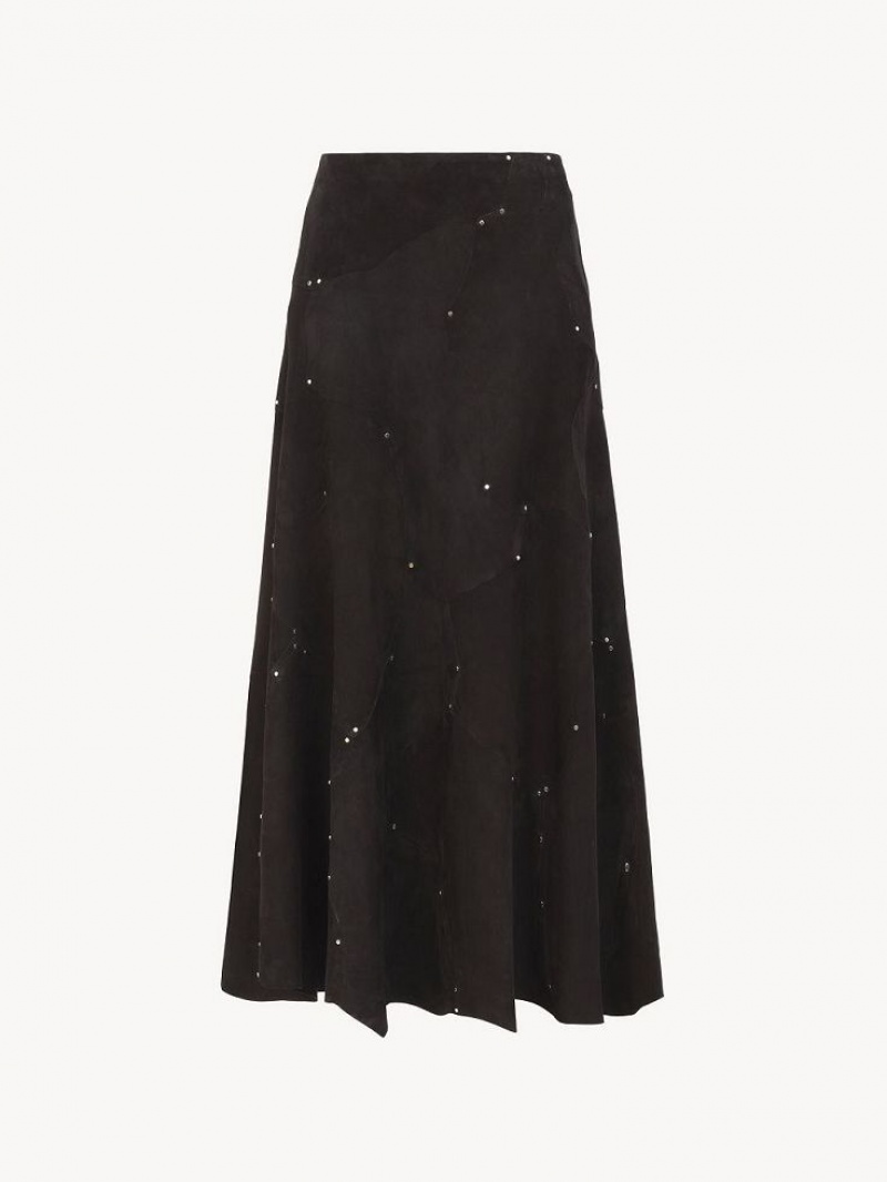 Black Chloe Flared Midi Skirt Leather | CHE-SR14121