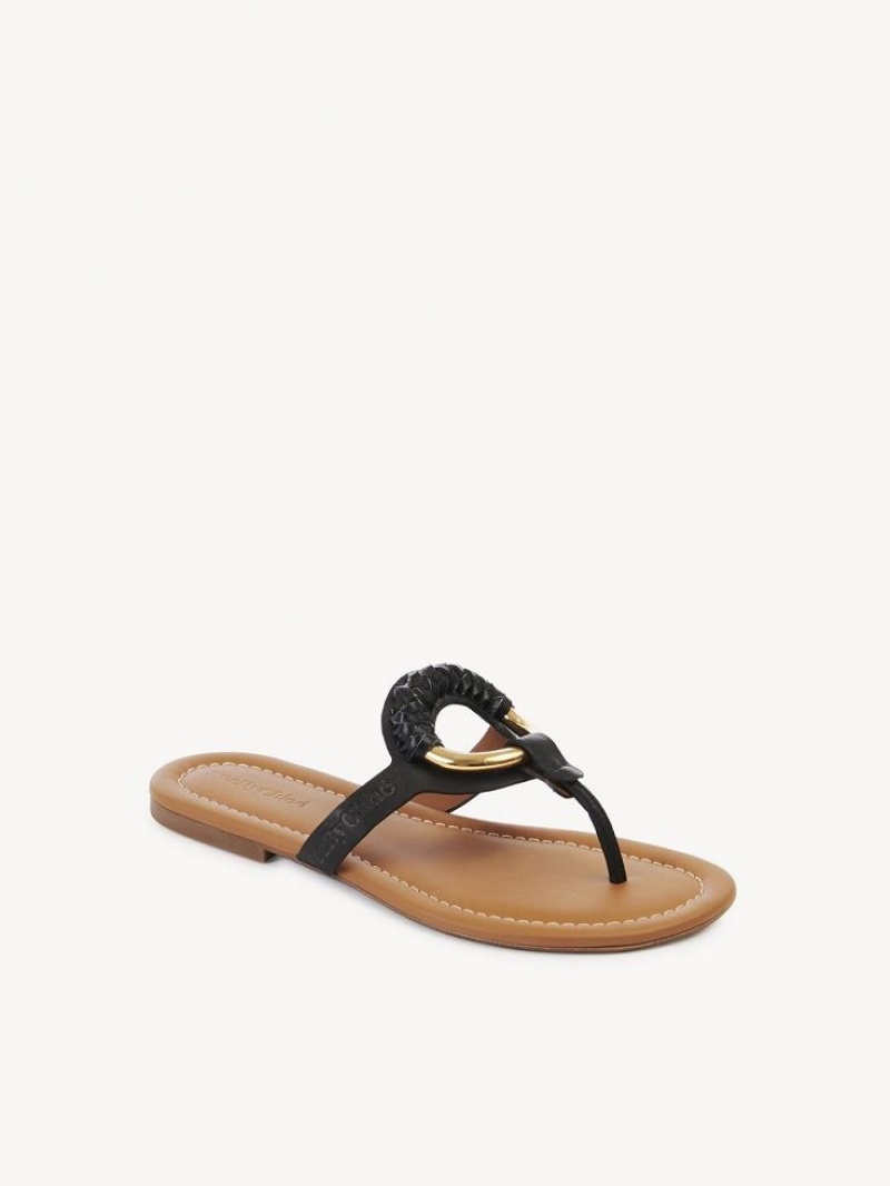 Black Chloe Hana Flip Flops Flats | CHE-SR14830