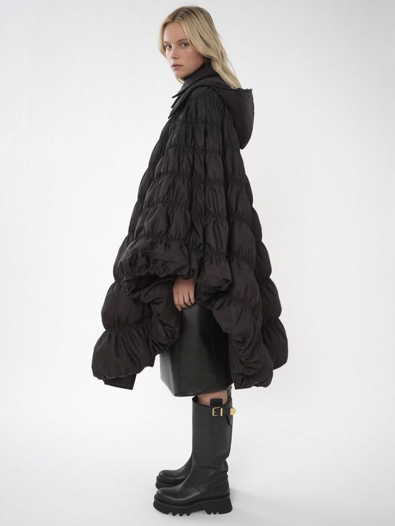 Black Chloe Ruched Puffer Cape Coats | CHE-SR13815