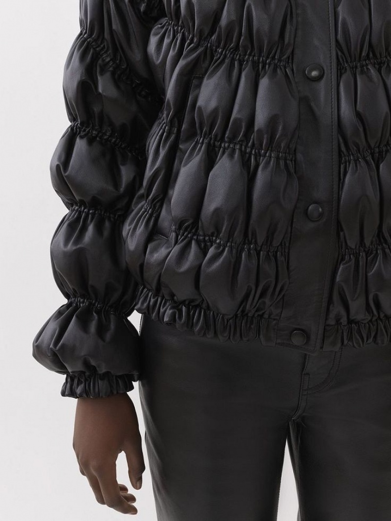 Black Chloe Ruched Puffer Jacket Leather | CHE-SR14115