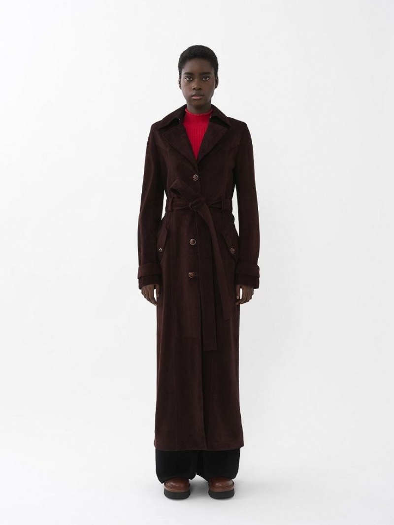 DARKENED BROWN Chloe Long Trench Coat Leather | CHE-SR14119