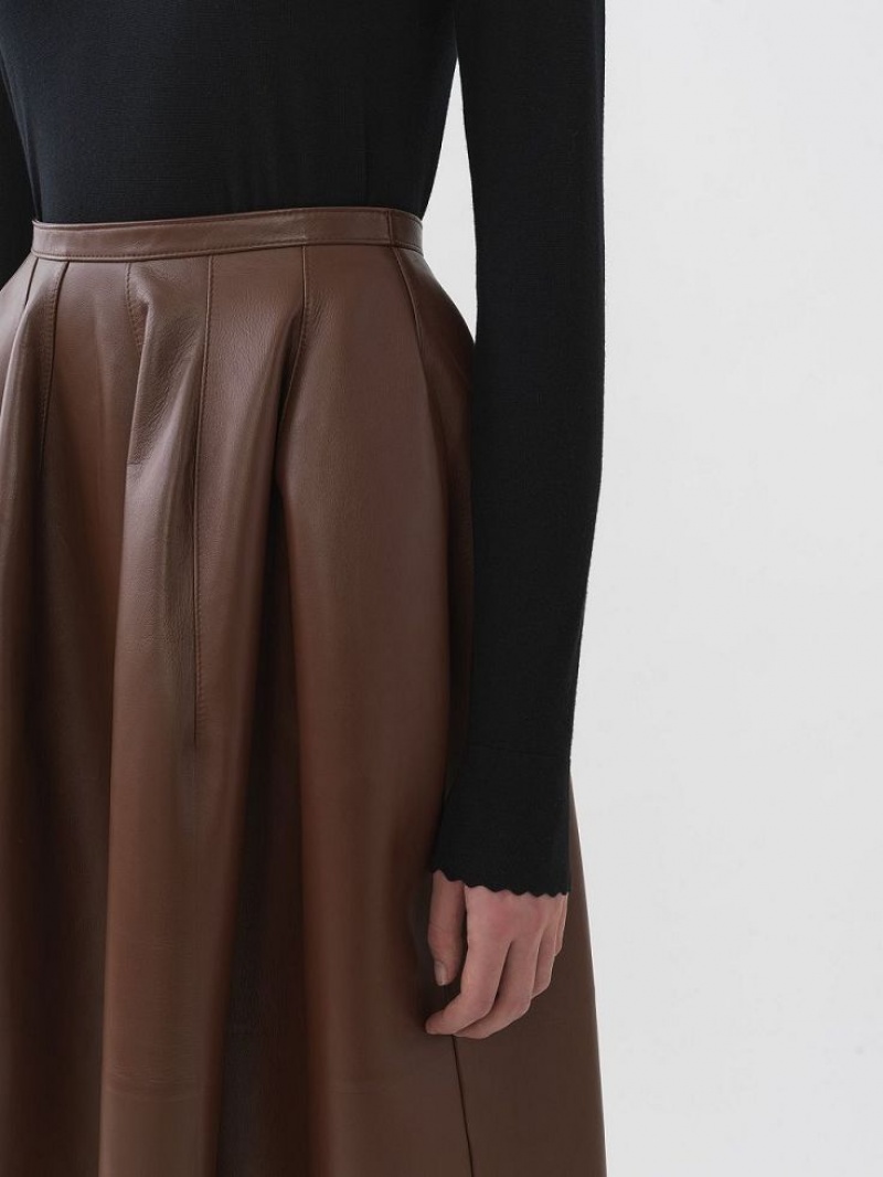 DARK CHESNUT Chloe Gathered Mid-length Skirt Leather | CHE-SR14116