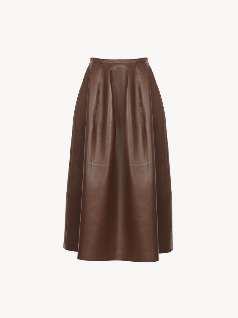 DARK CHESNUT Chloe Gathered Mid-length Skirt Leather | CHE-SR14116