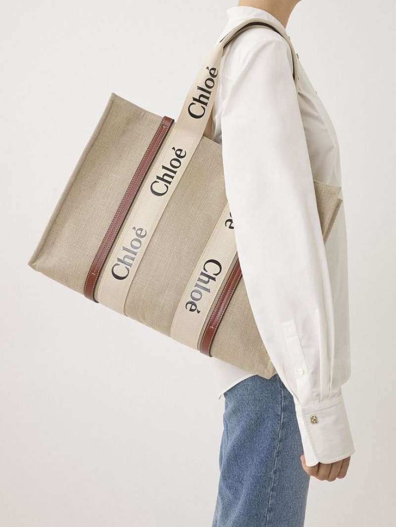 WHITE - BROWN 1 Chloe Large Woody Tote Bags | CHE-SR13321