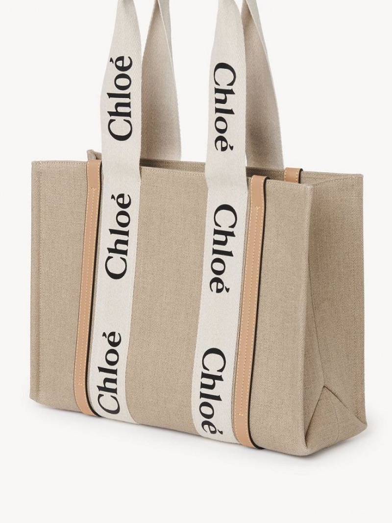 White - Beige 1 Chloe Medium Woody Tote Bags | CHE-SR13354