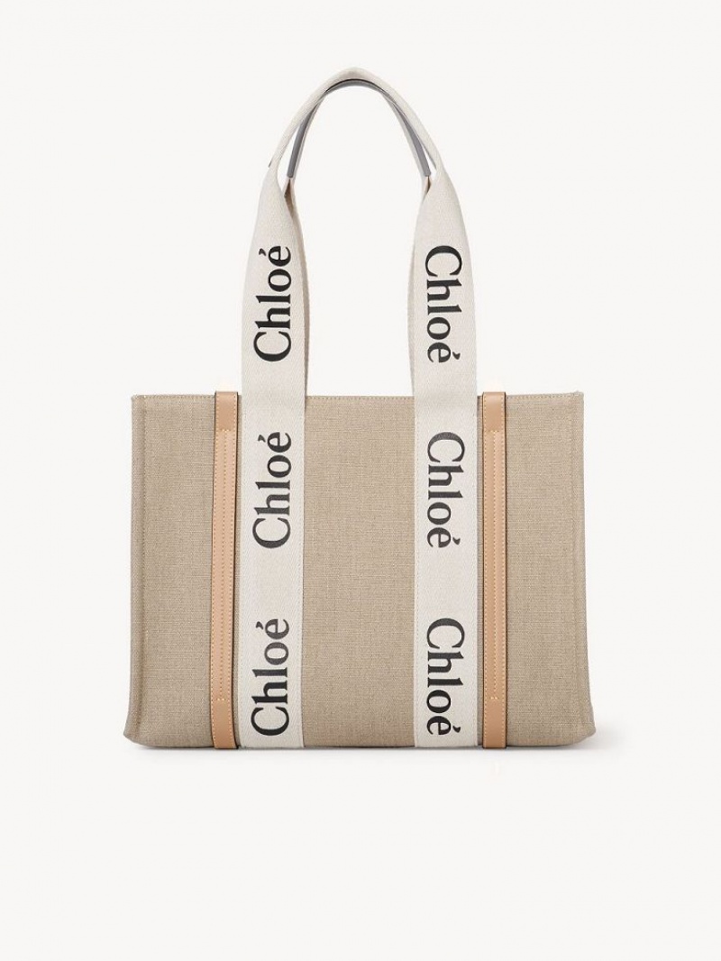 White - Beige 1 Chloe Medium Woody Tote Bags | CHE-SR13354