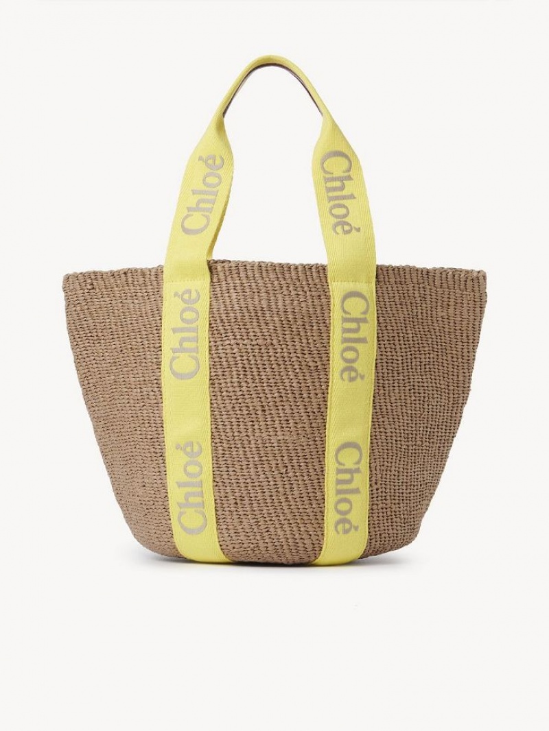 YELLOW - BEIGE 1 Chloe Large Woody Basket Tote Bags | CHE-SR13330